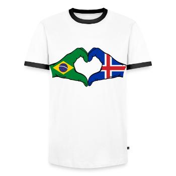 Brésil Islande Drapeau Mains Coeur Forme - T-shirt contrasté Homme - blanc/noir - Devant - AI Model Female 172 light (172cm) & AI Model Male 178 dark (178cm)