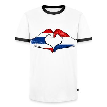 Thaïlande Hollande Drapeau Mains Coeur Forme Utilisé - T-shirt contrasté Homme - blanc/noir - Devant - AI Model Female 172 light (172cm) & AI Model Male 178 dark (178cm)
