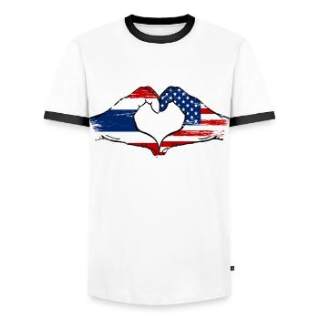 Thailand USA Flag Hands Heart Shape Used - Men's Ringer Shirt - white/black - Front - AI Model Female 172 light (172cm) & AI Model Male 178 dark (178cm)