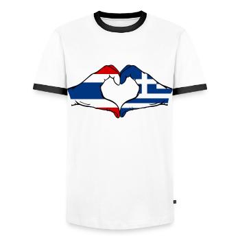 Greece Thailand Flag Hands Heart Shape - Men's Ringer Shirt - white/black - Front - AI Model Female 172 light (172cm) & AI Model Male 178 dark (178cm)
