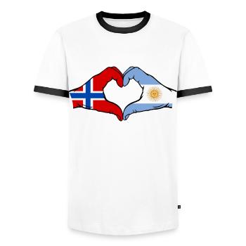 Norway Argentina Flag Hands Heart Shape - Men's Ringer Shirt - white/black - Front - AI Model Female 172 light (172cm) & AI Model Male 178 dark (178cm)