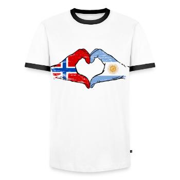 Norway Argentina Flag Hands Heart Shape Used - Men's Ringer Shirt - white/black - Front - AI Model Female 172 light (172cm) & AI Model Male 178 dark (178cm)