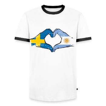 Sweden Argentina flag hands heart shape used - Men's Ringer Shirt - white/black - Front - AI Model Female 172 light (172cm) & AI Model Male 178 dark (178cm)