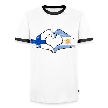 Finland Argentina Flag Hands Heart Shape Used - Men's Ringer Shirt - white/black - Front - AI Model Female 172 light (172cm) & AI Model Male 178 dark (178cm)