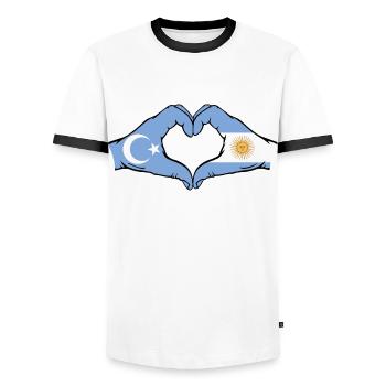 Ouïghour, Argentine, Drapeau, Mains, Forme de coeur - T-shirt contrasté Homme - blanc/noir - Devant - AI Model Female 172 light (172cm) & AI Model Male 178 dark (178cm)