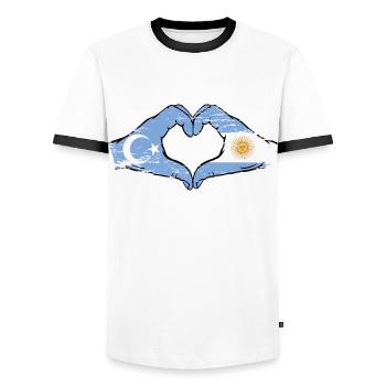 Uyghur Argentina Flag Hands Heart Shape Used - Men's Ringer Shirt - white/black - Front - AI Model Female 172 light (172cm) & AI Model Male 178 dark (178cm)