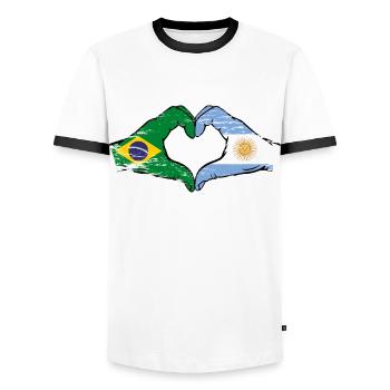 Brazil Argentina Flag Hands Heart Shape Used - Men's Ringer Shirt - white/black - Front - AI Model Female 172 light (172cm) & AI Model Male 178 dark (178cm)