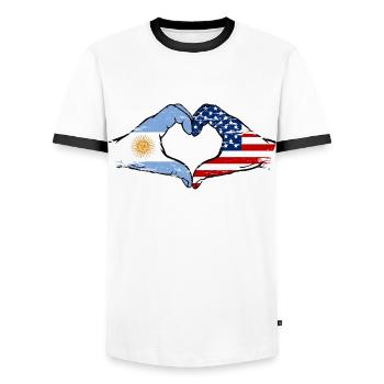 Argentina USA Flag Hands Heart Shape Used - Men's Ringer Shirt - white/black - Front - AI Model Female 172 light (172cm) & AI Model Male 178 dark (178cm)