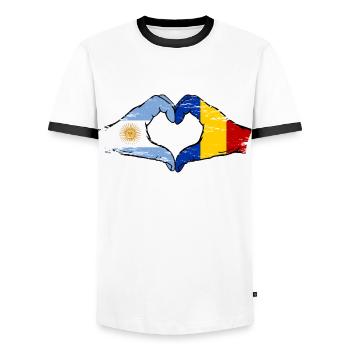 Argentina Romania Flag Hands Heart Shape Used - Men's Ringer Shirt - white/black - Front - AI Model Female 172 light (172cm) & AI Model Male 178 dark (178cm)