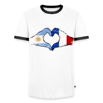 Argentina France Flag Hands Heart Shape Used - Men's Ringer Shirt - white/black - Front - AI Model Female 172 light (172cm) & AI Model Male 178 dark (178cm)