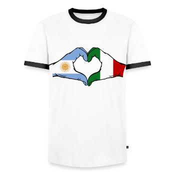 Argentina Italy Flag Hands Heart Shape - Men's Ringer Shirt - white/black - Front - AI Model Female 172 light (172cm) & AI Model Male 178 dark (178cm)