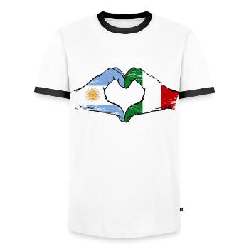 Argentina Italy Flag Hands Heart Shape Used - Men's Ringer Shirt - white/black - Front - AI Model Female 172 light (172cm) & AI Model Male 178 dark (178cm)