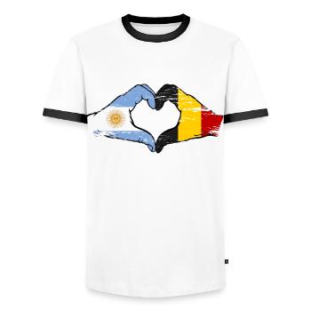 Argentina Belgium Flag Hands Heart Shape Used - Men's Ringer Shirt - white/black - Front - AI Model Female 172 light (172cm) & AI Model Male 178 dark (178cm)