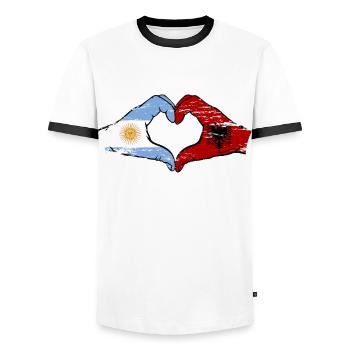 Argentina Albania flag hands heart shape used - Men's Ringer Shirt - white/black - Front - AI Model Female 172 light (172cm) & AI Model Male 178 dark (178cm)
