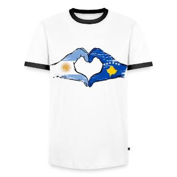 Argentina Kosovo flag hands heart shape used - Men's Ringer Shirt - white/black - Front - AI Model Female 172 light (172cm) & AI Model Male 178 dark (178cm)