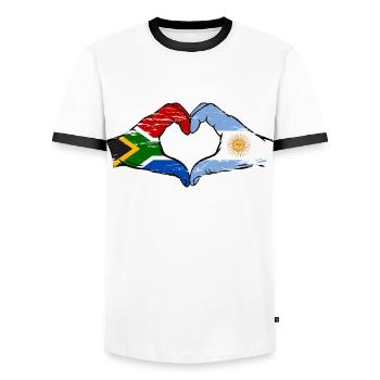 South Africa Argentina Flag Hands Heart Shape Used - Men's Ringer Shirt - white/black - Front - AI Model Female 172 light (172cm) & AI Model Male 178 dark (178cm)
