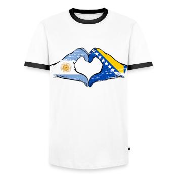 Argentina Bosnia Flag Hands Heart Shape Used - Men's Ringer Shirt - white/black - Front - AI Model Female 172 light (172cm) & AI Model Male 178 dark (178cm)