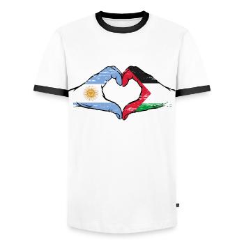 Argentina Palestine Flag Hands Heart Shape Used - Men's Ringer Shirt - white/black - Front - AI Model Female 172 light (172cm) & AI Model Male 178 dark (178cm)