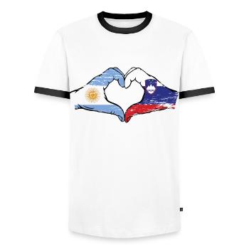 Argentina Slovenia flag hands heart shape used - Men's Ringer Shirt - white/black - Front - AI Model Female 172 light (172cm) & AI Model Male 178 dark (178cm)