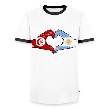 Tunisia Argentina Flag Hands Heart Shape Used - Men's Ringer Shirt - white/black - Front - AI Model Female 172 light (172cm) & AI Model Male 178 dark (178cm)