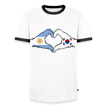Argentine Corée du Sud Drapeau Mains Coeur Forme - T-shirt contrasté Homme - blanc/noir - Devant - AI Model Female 172 light (172cm) & AI Model Male 178 dark (178cm)