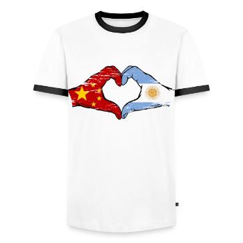 China Argentina Flag Hands Heart Shape Used - Men's Ringer Shirt - white/black - Front - AI Model Female 172 light (172cm) & AI Model Male 178 dark (178cm)