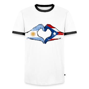 Argentina Puerto Rica Flag Hands Heart Shape Used - Men's Ringer Shirt - white/black - Front - AI Model Female 172 light (172cm) & AI Model Male 178 dark (178cm)