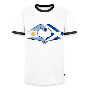 Argentina Scotland flag hands heart shape used - Men's Ringer Shirt - white/black - Front - AI Model Female 172 light (172cm) & AI Model Male 178 dark (178cm)