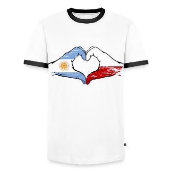Argentina Poland Flag Hands Heart Shape Used - Men's Ringer Shirt - white/black - Front - AI Model Female 172 light (172cm) & AI Model Male 178 dark (178cm)
