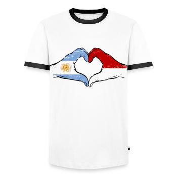 Argentina Indonesia Flag Hands Heart Shape Used - Men's Ringer Shirt - white/black - Front - AI Model Female 172 light (172cm) & AI Model Male 178 dark (178cm)