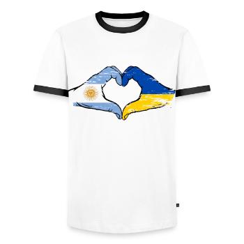 Argentina Ukraine Flag Hands Heart Shape Used - Men's Ringer Shirt - white/black - Front - AI Model Female 172 light (172cm) & AI Model Male 178 dark (178cm)
