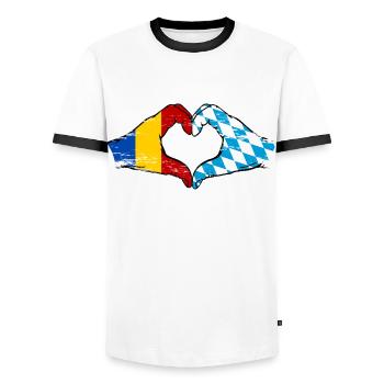 Romania Bavaria Flag Hands Heart Shape Used - Men's Ringer Shirt - white/black - Front - AI Model Female 172 light (172cm) & AI Model Male 178 dark (178cm)