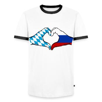 Bayern Russland Flagge Hände Herzform - Männer Kontrast-T-Shirt - Weiß/Schwarz - Vorne - AI Model Female 172 light (172cm) & AI Model Male 178 dark (178cm)