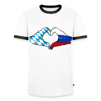 Bayern Russland Flagge Hände Herzform used - Männer Kontrast-T-Shirt - Weiß/Schwarz - Vorne - AI Model Female 172 light (172cm) & AI Model Male 178 dark (178cm)