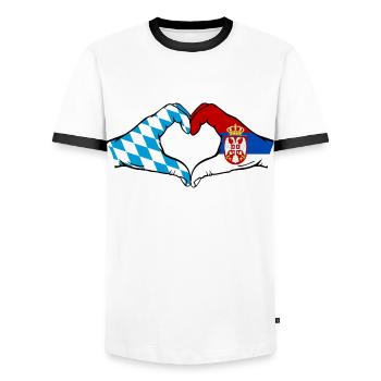 Bavaria Serbia Flag Hands Heart Shape - Men's Ringer Shirt - white/black - Front - AI Model Female 172 light (172cm) & AI Model Male 178 dark (178cm)