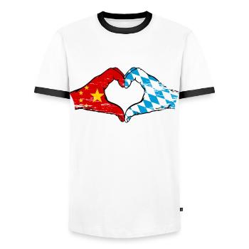China Bavaria Flag Hands Heart Shape Used - Men's Ringer Shirt - white/black - Front - AI Model Female 172 light (172cm) & AI Model Male 178 dark (178cm)