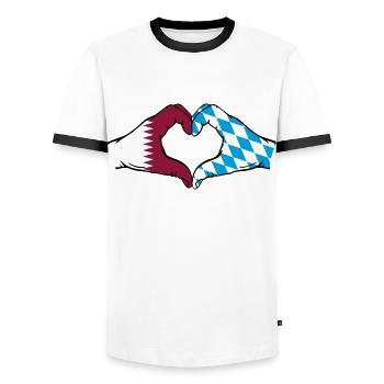 Qatar Bavaria Flag Hands Heart Shape - Men's Ringer Shirt - white/black - Front - AI Model Female 172 light (172cm) & AI Model Male 178 dark (178cm)