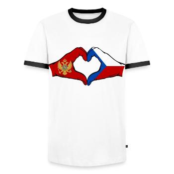 Monténégro République tchèque Drapeau Mains Coeur Forme - T-shirt contrasté Homme - blanc/noir - Devant - AI Model Female 172 light (172cm) & AI Model Male 178 dark (178cm)