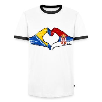 Bosnie Serbie drapeau mains forme de coeur utilisé - T-shirt contrasté Homme - blanc/noir - Devant - AI Model Female 172 light (172cm) & AI Model Male 178 dark (178cm)