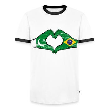Pakistan Brésil drapeau mains forme de coeur utilisé - T-shirt contrasté Homme - blanc/noir - Devant - AI Model Female 172 light (172cm) & AI Model Male 178 dark (178cm)