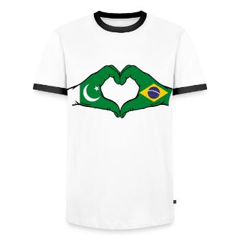 Pakistan Brésil Drapeau Mains Coeur Forme - T-shirt contrasté Homme - blanc/noir - Devant - AI Model Female 172 light (172cm) & AI Model Male 178 dark (178cm)