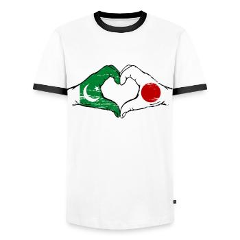 Pakistan Japon Drapeau Mains Coeur Forme Utilisé - T-shirt contrasté Homme - blanc/noir - Devant - AI Model Female 172 light (172cm) & AI Model Male 178 dark (178cm)