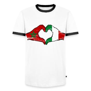 Morocco Italy Flag Hands Heart Shape Used - Men's Ringer Shirt - white/black - Front - AI Model Female 172 light (172cm) & AI Model Male 178 dark (178cm)
