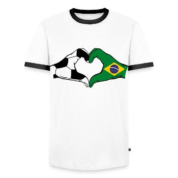 Brésil Football Drapeau Mains Coeur Forme - T-shirt contrasté Homme - blanc/noir - Devant - AI Model Female 172 light (172cm) & AI Model Male 178 dark (178cm)