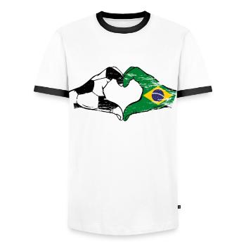 Brazil Football Flag Hands Heart Shape Used - Men's Ringer Shirt - white/black - Front - AI Model Female 172 light (172cm) & AI Model Male 178 dark (178cm)