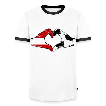 Österreich Fussball Flagge Hände Herzform used - Männer Kontrast-T-Shirt - Weiß/Schwarz - Vorne - AI Model Female 172 light (172cm) & AI Model Male 178 dark (178cm)
