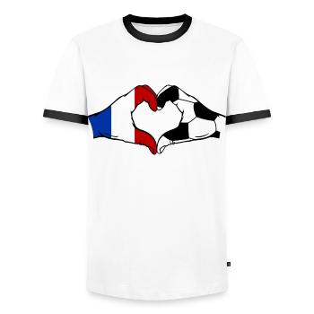 Frankreich Fussball Flagge Haende Herzform - Männer Kontrast-T-Shirt - Weiß/Schwarz - Vorne - AI Model Female 172 light (172cm) & AI Model Male 178 dark (178cm)
