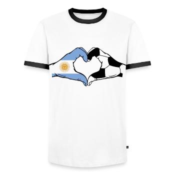 Argentinien Fussball Flagge Haende Herzform - Männer Kontrast-T-Shirt - Weiß/Schwarz - Vorne - AI Model Female 172 light (172cm) & AI Model Male 178 dark (178cm)