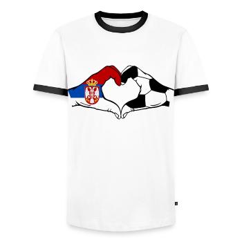Serbien Fussball Flagge Haende Herzform - Männer Kontrast-T-Shirt - Weiß/Schwarz - Vorne - AI Model Female 172 light (172cm) & AI Model Male 178 dark (178cm)