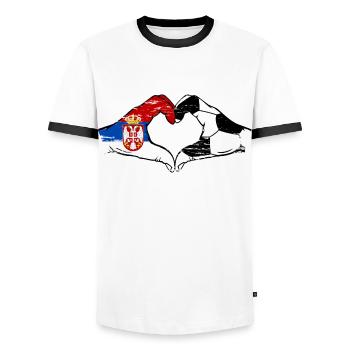 Serbie Football Drapeau Mains Coeur Forme Utilisé - T-shirt contrasté Homme - blanc/noir - Devant - AI Model Female 172 light (172cm) & AI Model Male 178 dark (178cm)